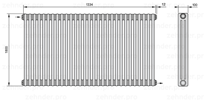 Схема (чертеж) Радиатор Zehnder Charleston 3180/29 №1670 Белый глянцевый RAL 9016